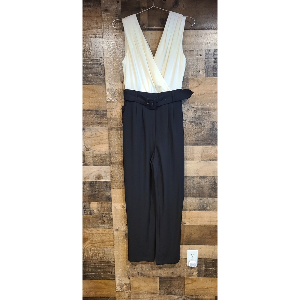 Edition Express Jumpsuit Womens 6 Black White NEW Belted Surplice V-Neck